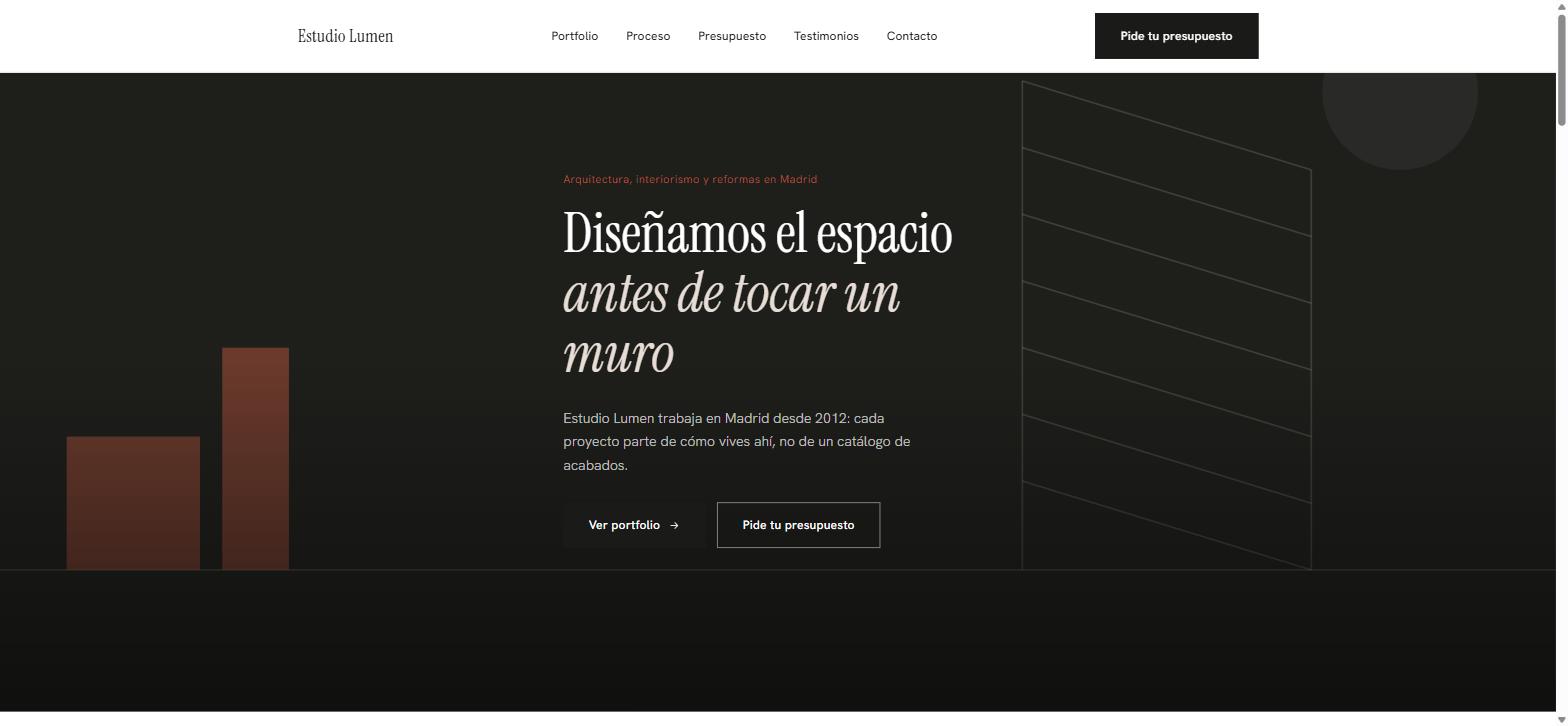 Página de inicio de la web conceptual para un estudio de arquitectura e interiorismo