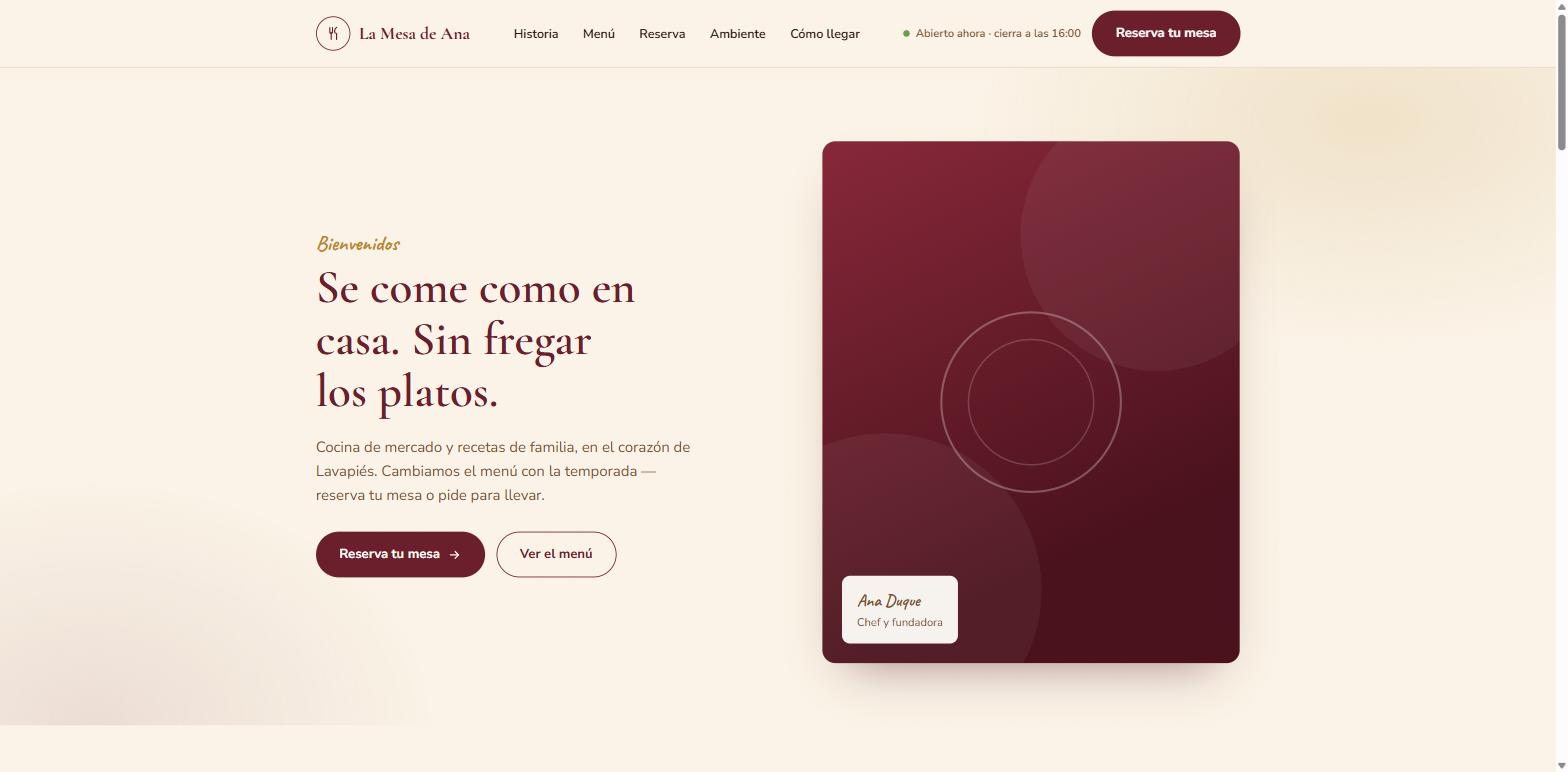 Página de inicio de la web conceptual para un restaurante